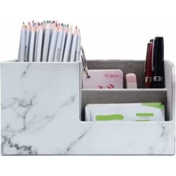 Portapenne Portapenne Accessori Da Scrivania In Marmo Pelle PU, Organizer Da Scrivania Per Accessori Artistici Telefono Cellulare, Occhiali, Biglietti Da Visita, Telecomando, Carino (marmo) -Ufficio E Casa 61179955 3