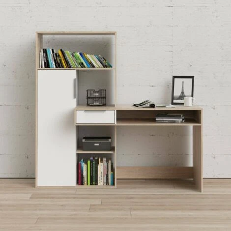 Dmora Scrivania Multifunzione Con Libreria, Cassetto E Anta, Colore Bianco E Rovere, Cm 162 X 155 X 60 4 Dmora Scrivania Multifunzione Con Libreria, Cassetto E Anta, Colore Bianco E Rovere, Cm 162 X 155 X 60 - immagine 2