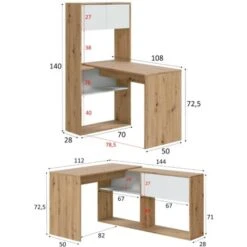 Dmora Scrivania Riverside, Scrittoio Multifunzione Reversibile Ad Angolo Con Libreria, Tavolo Da Studio O Ufficio Multiposizione, Cm 108x70h140, Bianco E Rovere Nodi -Ufficio E Casa 63755149 3