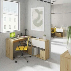 Dmora Scrivania Riverside, Scrittoio Multifunzione Reversibile Ad Angolo Con Libreria, Tavolo Da Studio O Ufficio Multiposizione, Cm 108x70h140, Bianco E Rovere Nodi -Ufficio E Casa 63755149 4