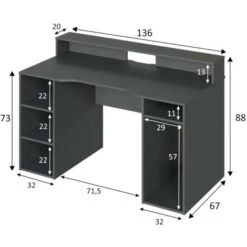 Scrivania, Scrittoio Multifunzione Moderno Da Gaming, Tavolo Da Studio Porta PC E Porta CD, Tavolo Da Studio Con Ripiani, Cm 136x67h88, Antracite -Ufficio E Casa 64360233 3