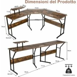 COSTWAY Scrivania Angolare In Legno E Acciaio, Scrivania Pieghevole Porta Pc Con Supporto Monitore, Scrivania Salvaspazio Per Studio E Ufficio, Portat Massima 90 Kg, 225 X 48 X 91 Cm (Marrone) -Ufficio E Casa 64447664 2