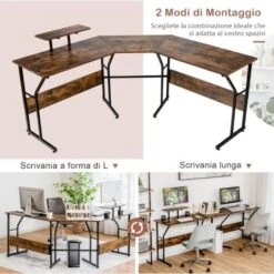 COSTWAY Scrivania Angolare In Legno E Acciaio, Scrivania Pieghevole Porta Pc Con Supporto Monitore, Scrivania Salvaspazio Per Studio E Ufficio, Portat Massima 90 Kg, 225 X 48 X 91 Cm (Marrone) -Ufficio E Casa 64447664 3