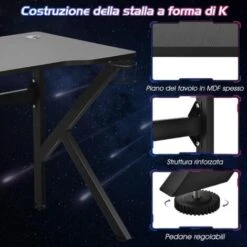 COSTWAY Scrivania Da Gaming 110 Cm, Tavolo Computer A Forma Di K Con Porta Bicchiere E Gancio Per Cuffie, Postazione Gaming Ergonomica Per Casa E Ufficio -Ufficio E Casa 66095304 4