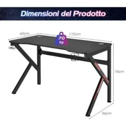COSTWAY Scrivania Da Gaming 110 Cm, Tavolo Computer A Forma Di K Con Porta Bicchiere E Gancio Per Cuffie, Postazione Gaming Ergonomica Per Casa E Ufficio -Ufficio E Casa 66095304 5