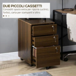 Vinsetto Schedario Portadocumenti Per Studio E Ufficio In MDF Con 3 Cassetti E Ruote, 40x50x68.5 Cm, Marrone -Ufficio E Casa 70299171 4