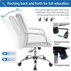 Yaheetech Poltrona Da Ufficio Sedia Scrivania Ergonomica Reclinabile In Finta Pelle A Rotelle Girevole Altezza Regolabile Portata 136 Kg Bianco -Ufficio E Casa 70438706 4