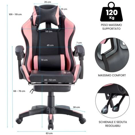 Sedia Gaming Reclinabile Con Poggiapiedi Estraibile Rosa E Nera 4 Sedia Gaming Reclinabile Con Poggiapiedi Estraibile Rosa E Nera - immagine 2