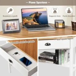 COSTWAY Scrivania Angolare In Legno Per Computer, Scrivania Porta PC Cassetto E Ripiano, Scrivania Salvaspazio E Moderna Per Ufficio E Studio, Naturale -Ufficio E Casa 72856543 2