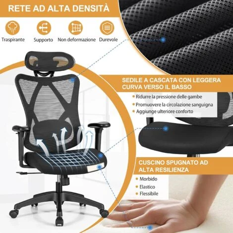 COSTWAY Sedia Da Ufficio In Rete, Sedia Ufficio Ergonomica Con Supporto Lombare, Poggiatesta, Poltrona Girevole Altezza Regolabile, Reclinabile A 135°, Sedia Gaming, Max Portata Di 125 Kg(Nero) 5 COSTWAY Sedia Da Ufficio In Rete, Sedia Ufficio Ergonomica Con Supporto Lombare, Poggiatesta, Poltrona Girevole Altezza Regolabile, Reclinabile A 135°, Sedia Gaming, Max Portata Di 125 Kg(Nero) - immagine 3