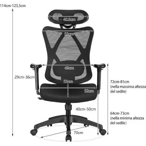 COSTWAY Sedia Da Ufficio In Rete, Sedia Ufficio Ergonomica Con Supporto Lombare, Poggiatesta, Poltrona Girevole Altezza Regolabile, Reclinabile A 135°, Sedia Gaming, Max Portata Di 125 Kg(Nero) 6 COSTWAY Sedia Da Ufficio In Rete, Sedia Ufficio Ergonomica Con Supporto Lombare, Poggiatesta, Poltrona Girevole Altezza Regolabile, Reclinabile A 135°, Sedia Gaming, Max Portata Di 125 Kg(Nero) - immagine 4