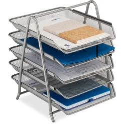 Relaxdays Organizer Portadocumenti Con 5 Vaschette, Portalettere A4, HLP: 37,5 X 30 X 35 Cm, Rete In Acciaio, Argentato