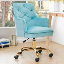 Sedia Da Ufficio Ergonomica Girevole 360° Poltrona Velluto Azzurro E Gambe Oro -Ufficio E Casa 83679198 3