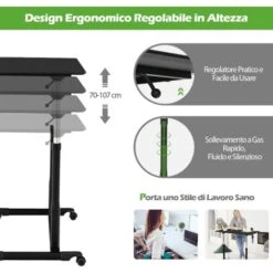 COSTWAY Scrivania Per Computer Regolabile In Altezza, Scrivania Porta PC Con Ruote E Porta Cuffie, Tavolo Per Computer Con Telaio Di Metallo Per Studio E Ufficio, 91,5 X 53 X 68,5-107 Cm (Nero) -Ufficio E Casa 87501964 3