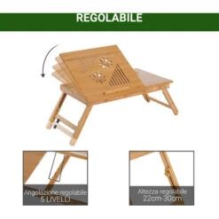Homcom Tavolino Da Letto Per PC Portatile Con Sistema Di Raffreddamento In Bambù, 55x35x22-30cm -Ufficio E Casa 8962495 4