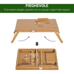 Homcom Tavolino Da Letto Per PC Portatile Con Sistema Di Raffreddamento In Bambù, 55x35x22-30cm -Ufficio E Casa 8962495 5