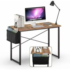COSTWAY Scrivania Per Computer Con Telaio In Metallo, Borsa Portaoggetti Laterale E Cuscinetti Antiscivolo, Scrivainia Moderna E Salvaspazio Per Ufficio E Casa (102 X 51 X 76 Cm, Marrone Rustico)