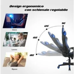 COSTWAY Sedia Da Gioco Ergonomica, Sedia Da Gaming Con Schienale Alto E Supporto Lombare, Girevole A 360°, Schienale E Bracciolo Regolabili, Per Ufficio, Sala Giochi (blu) -Ufficio E Casa 92059599 3