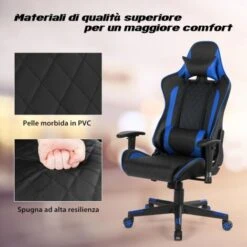 COSTWAY Sedia Da Gioco Ergonomica, Sedia Da Gaming Con Schienale Alto E Supporto Lombare, Girevole A 360°, Schienale E Bracciolo Regolabili, Per Ufficio, Sala Giochi (blu) -Ufficio E Casa 92059599 4