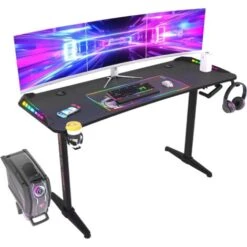 Grande Scrivania Gaming Regolabile Altezza 160x60cm Tavolo Gaming Scrivania PC Gaming Con LED RGB Regolabile In Altezza In Maniglia
