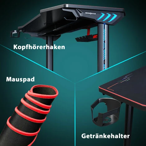 SONNI Gaming Table Tavolo Da Computer Ergonomico, Con Tappetino Per Mouse, 2 Ganci, Porta Bevande E Porta Cuffie, Carbon Optics Black 140cm 5 SONNI Gaming Table Tavolo Da Computer Ergonomico, Con Tappetino Per Mouse, 2 Ganci, Porta Bevande E Porta Cuffie, Carbon Optics Black 140cm - immagine 3