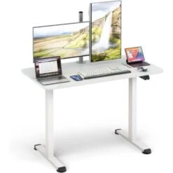 COSTWAY Scrivania Regolabile In Altezza Elettrica, Scrivania Con Foro Passacavi, Pulsante Di Controllo E Sistema Anticollisione, Postazione Di Lavoro Per Computer Da Ufficio E Casa (Bianco)