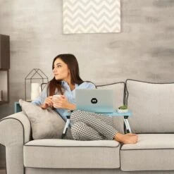 Relaxdays Tavolino Per Laptop, Pieghevole, Letto E Divano, 26x63x40 Cm, Tavolinetto Per Notebook, MDF E Ferro, Azzurro -Ufficio E Casa 98564222 3